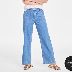 New with tags on 34th patch pocket wide leg jeans, medium indigo wash